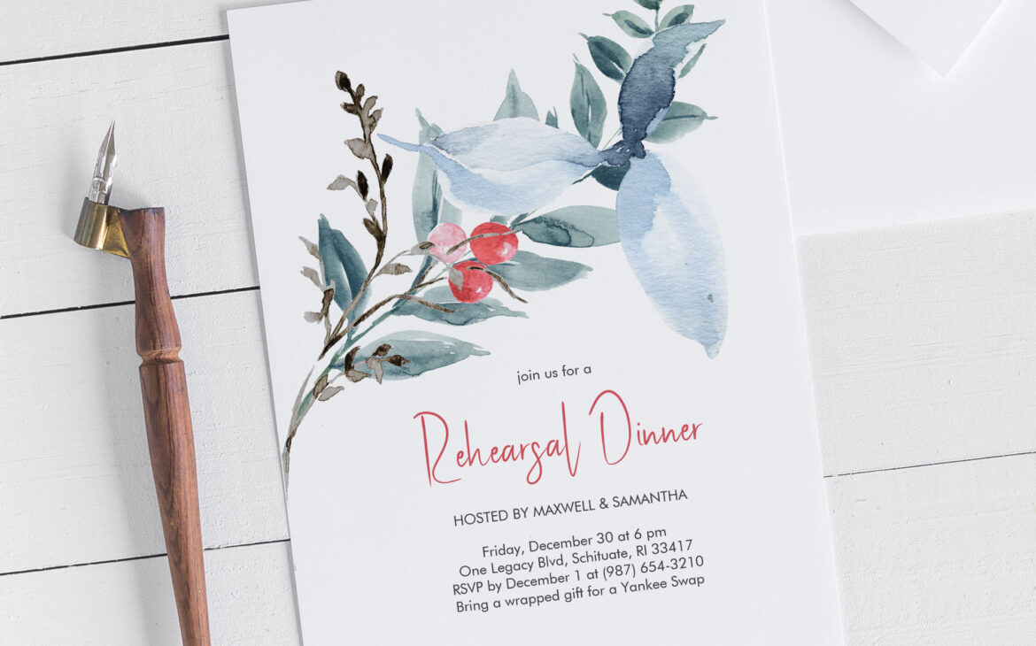 Budget Invitations feature watercolor greenery and red berries