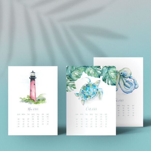 2023 Calendar Card refills with beach watercolor art by Victoria Grigaliunas of Do Tell A Belle