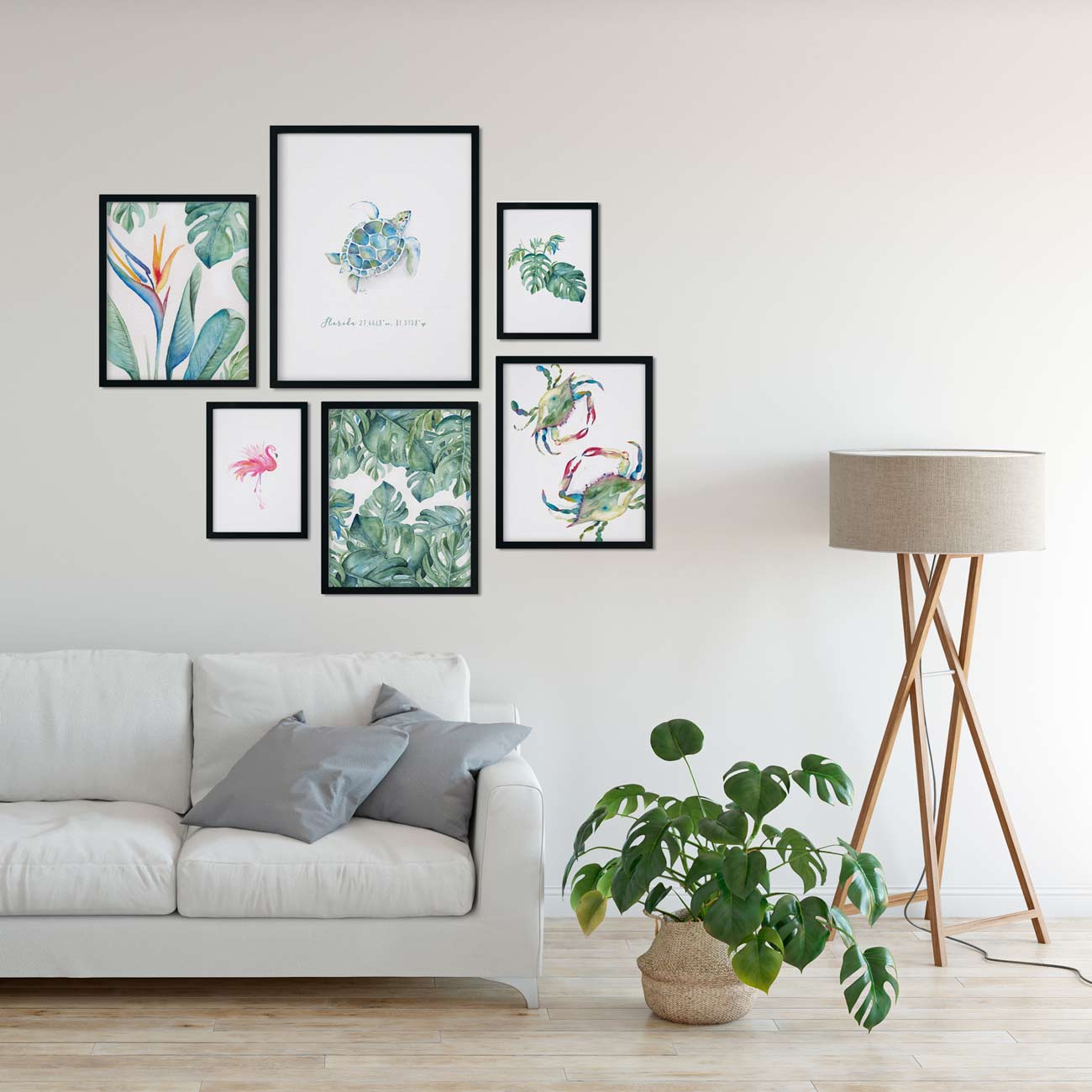 Florida watercolors tropical gallery wall features prints designed with hand painted art by Victoria Grigaliunas. Tap the button to shop more.