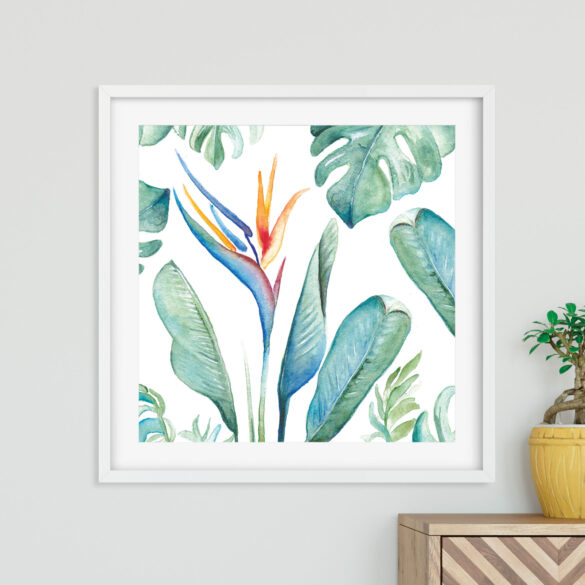 Tropical Decor Ideas by Victoria Grigaliunas of Do Tell A Belle features bird of paradise flower and palm leaves print with original watercolor art