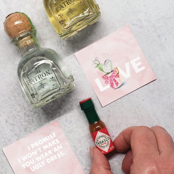 Bridesmaid proposal idea features a cute cactus card that can be personalized to ready whatever you like. Add in a shot of Patron tequila and toast to old friends and new beginnings.