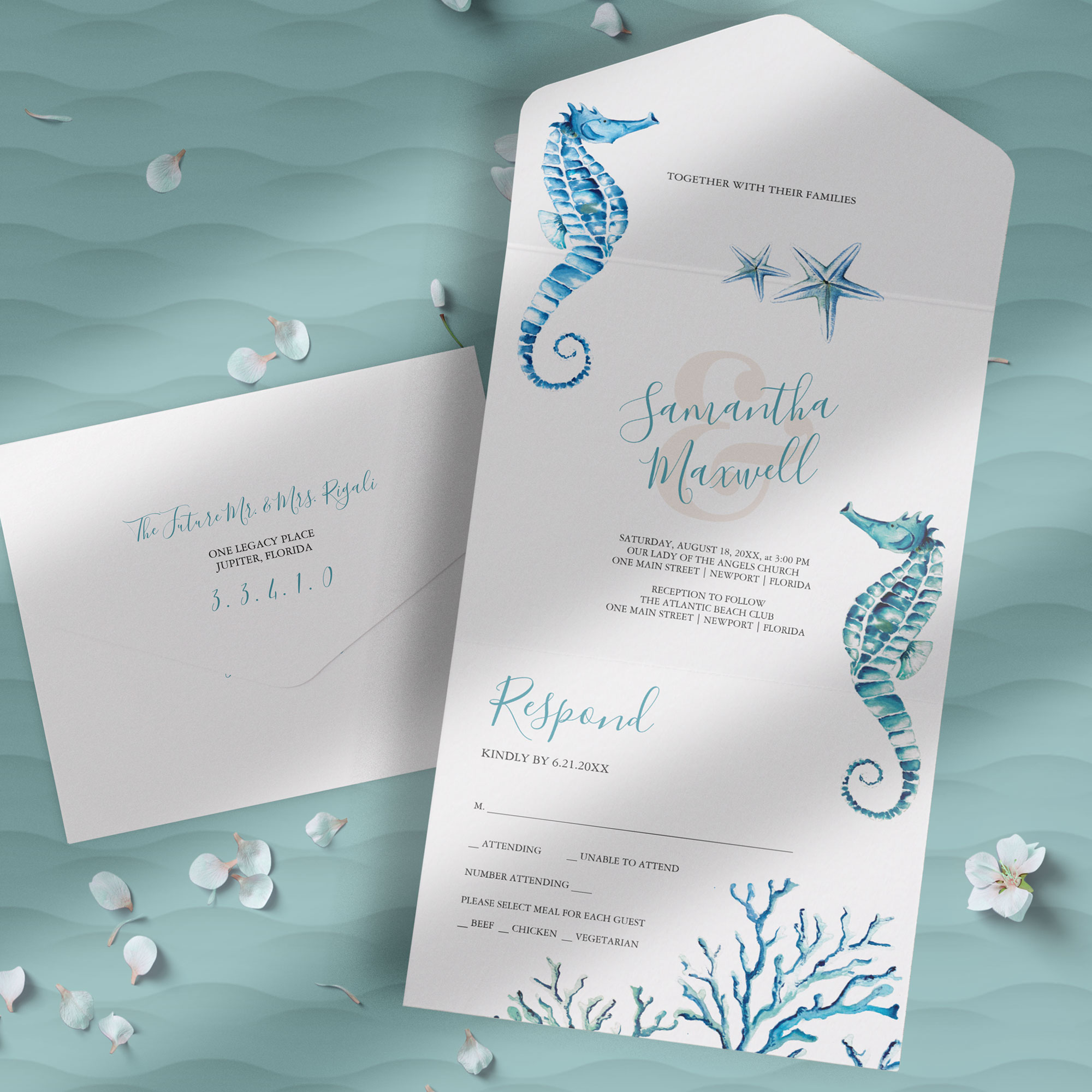 beach wedding all in one invitation with watercolor seahorses. Click to shop the complete wedding stationery suite.