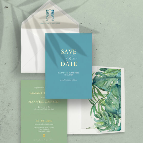 Tropical Beach Wedding Stationery Suite features gold foil samped save the date and invitation with watercolor envelope liners.