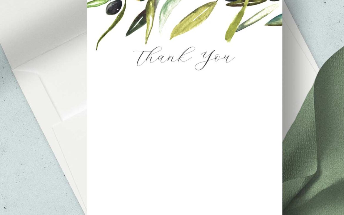 bridal shower thank you message card with watercolor olive branches by Victoria Grigaliunas