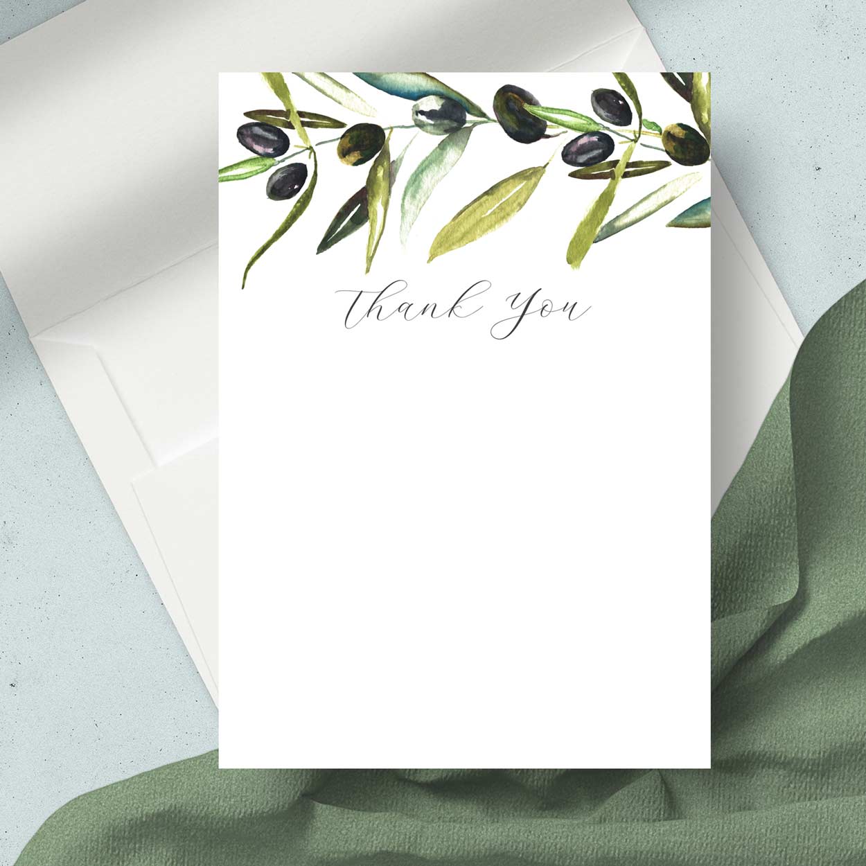 bridal shower thank you message card with watercolor olive branches by Victoria Grigaliunas