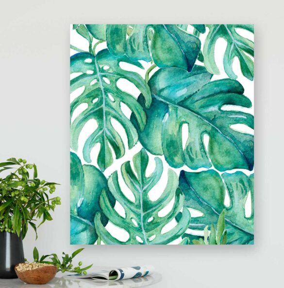 metal wall art features tropical monstera palm leaves art by Victoria Grigaliunas