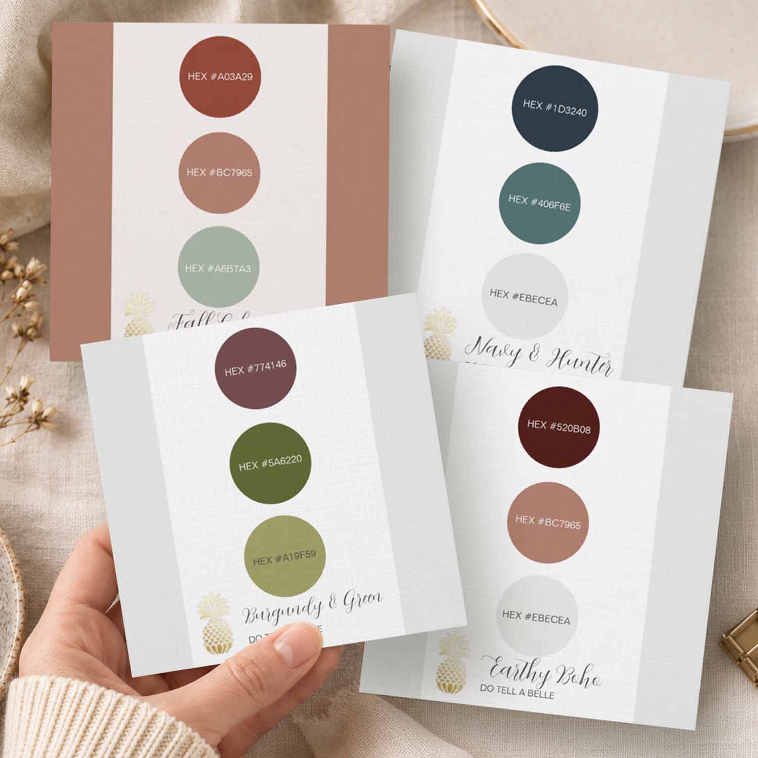 Fall wedding color palette consultation services featuring custom wedding color schemes and watercolor wedding stationery inspiration cards.