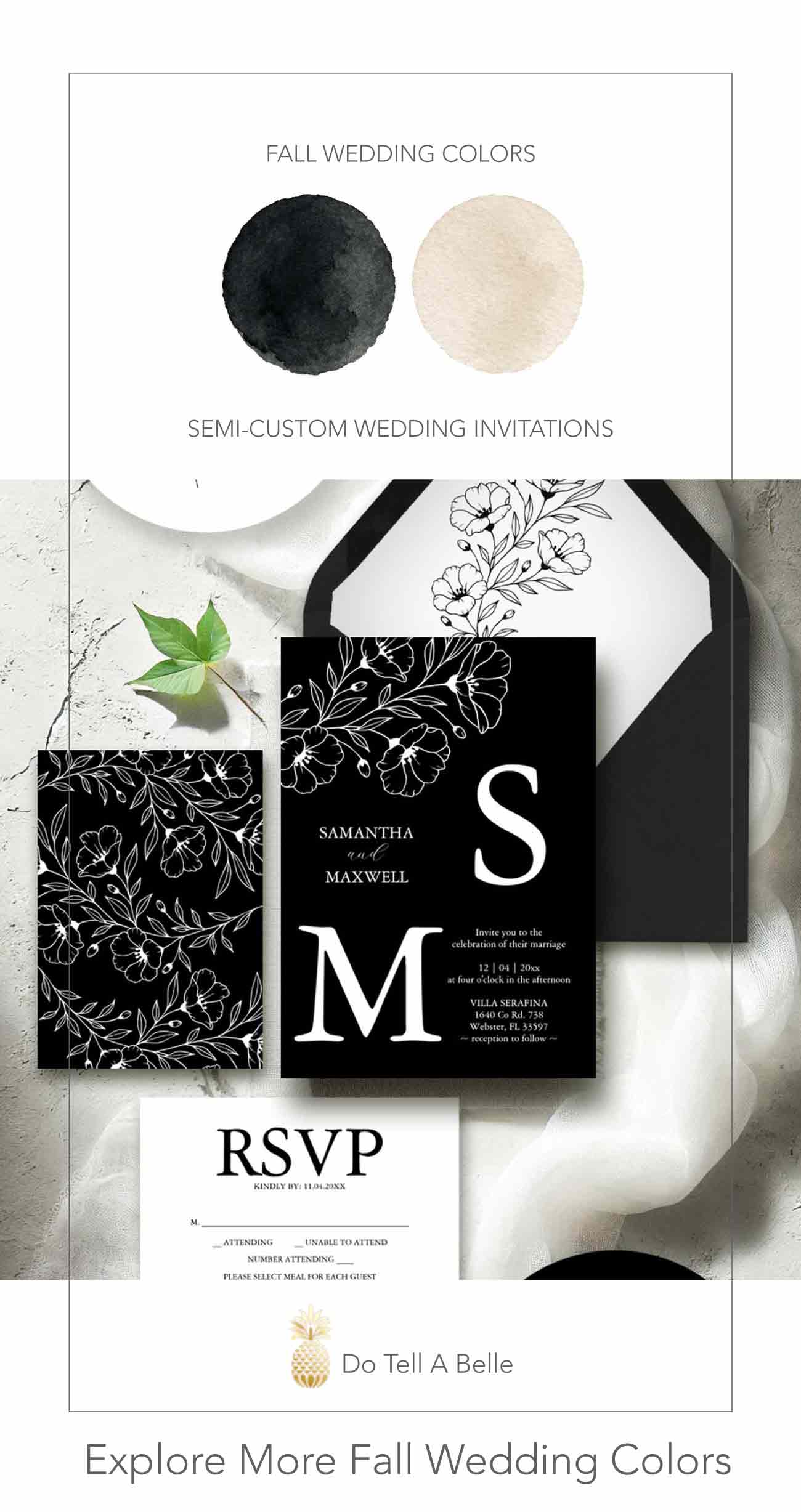Black and white wedding invitation suite with hand-drawn anemone flowers and elegant fall wedding colors for formal weddings.
