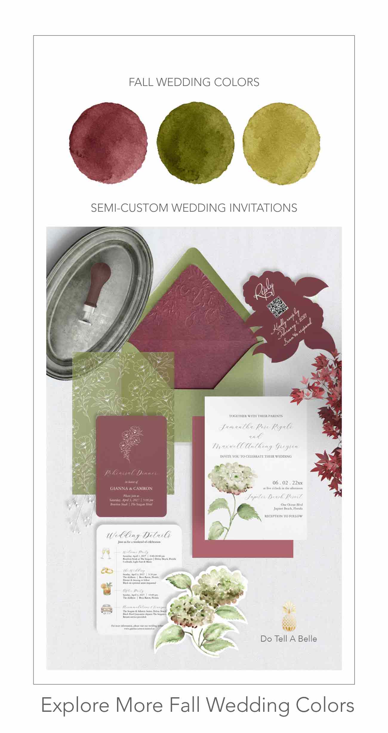 Burgundy and green fall wedding stationery suite with hydrangea invitations, vellum overlay, embossed envelope liner, and die-cut RSVP card.