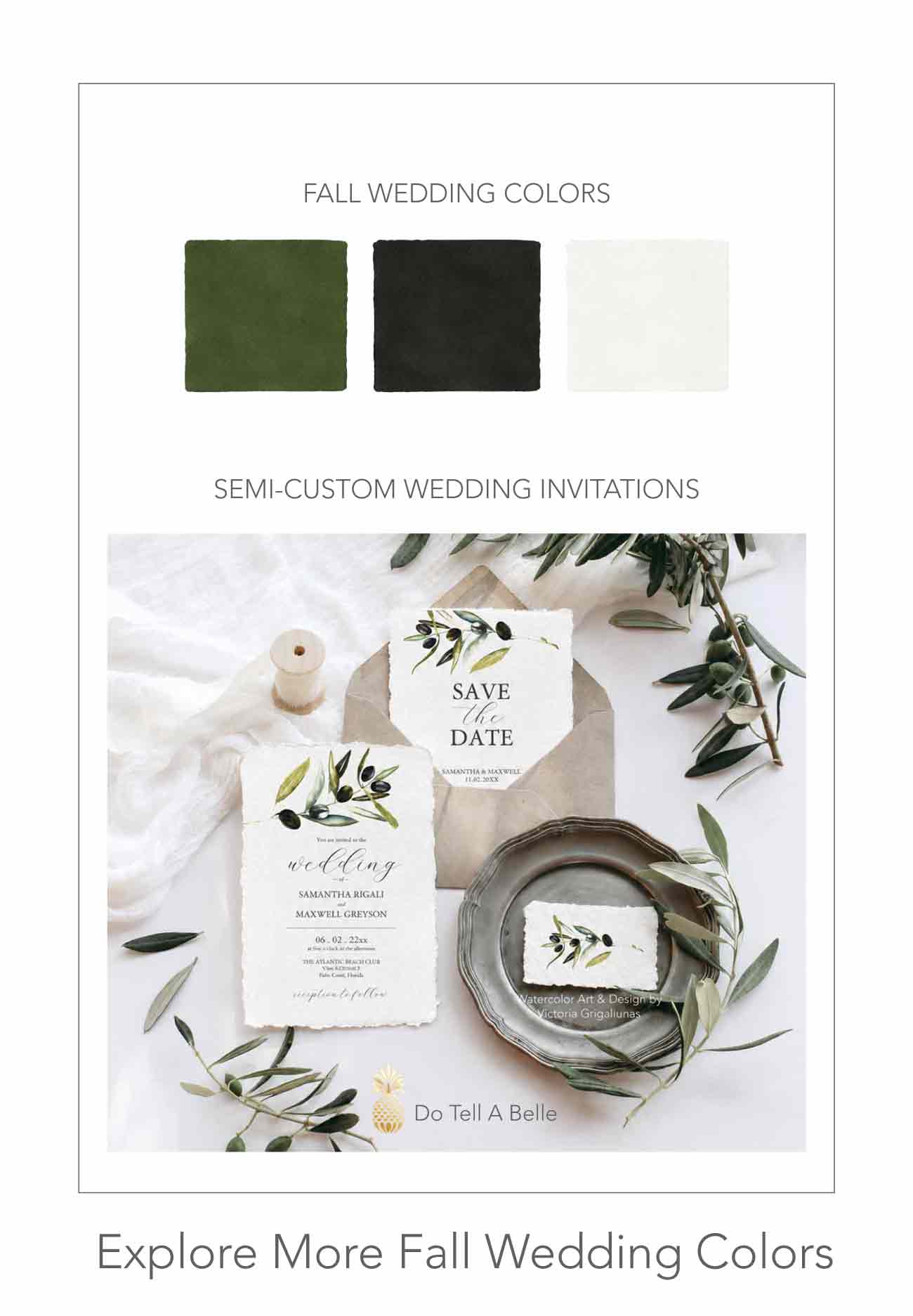 Olive branch wedding stationery suite with olive green, black, and white fall wedding colors printed on deckled edge paper.