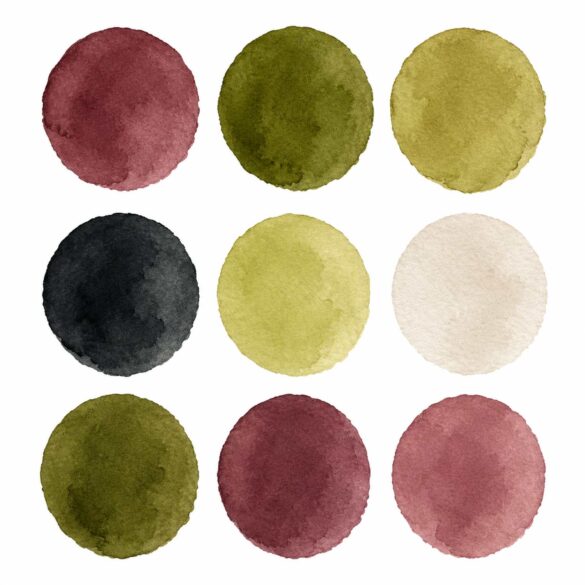 Watercolor fall wedding color palette 2026 featuring burgundy, olive green, sage, blush, charcoal, and ivory rustic wedding colors.