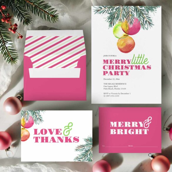 pink Christmas party invitations and stationery features watercolor baubles and pine boughs art by Victoria Grigaliunas of Do Tell A Belle.