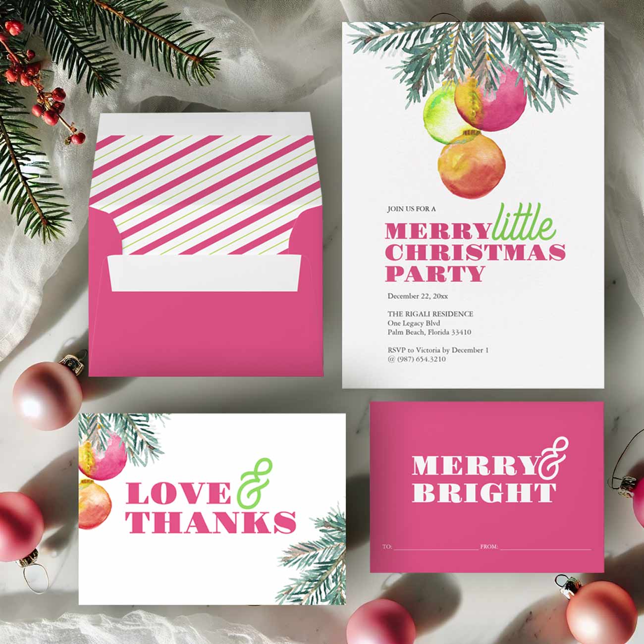 pink Christmas party invitations and stationery features watercolor baubles and pine boughs art by Victoria Grigaliunas of Do Tell A Belle.