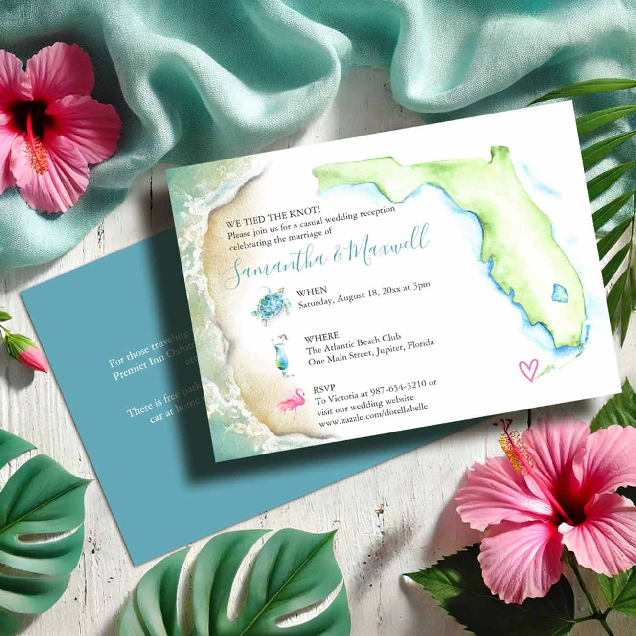 Florida destination wedding invitations with hand painted watercolor map and tropical illustrations by Victoria Grigaliunas of Do Tell A Belle