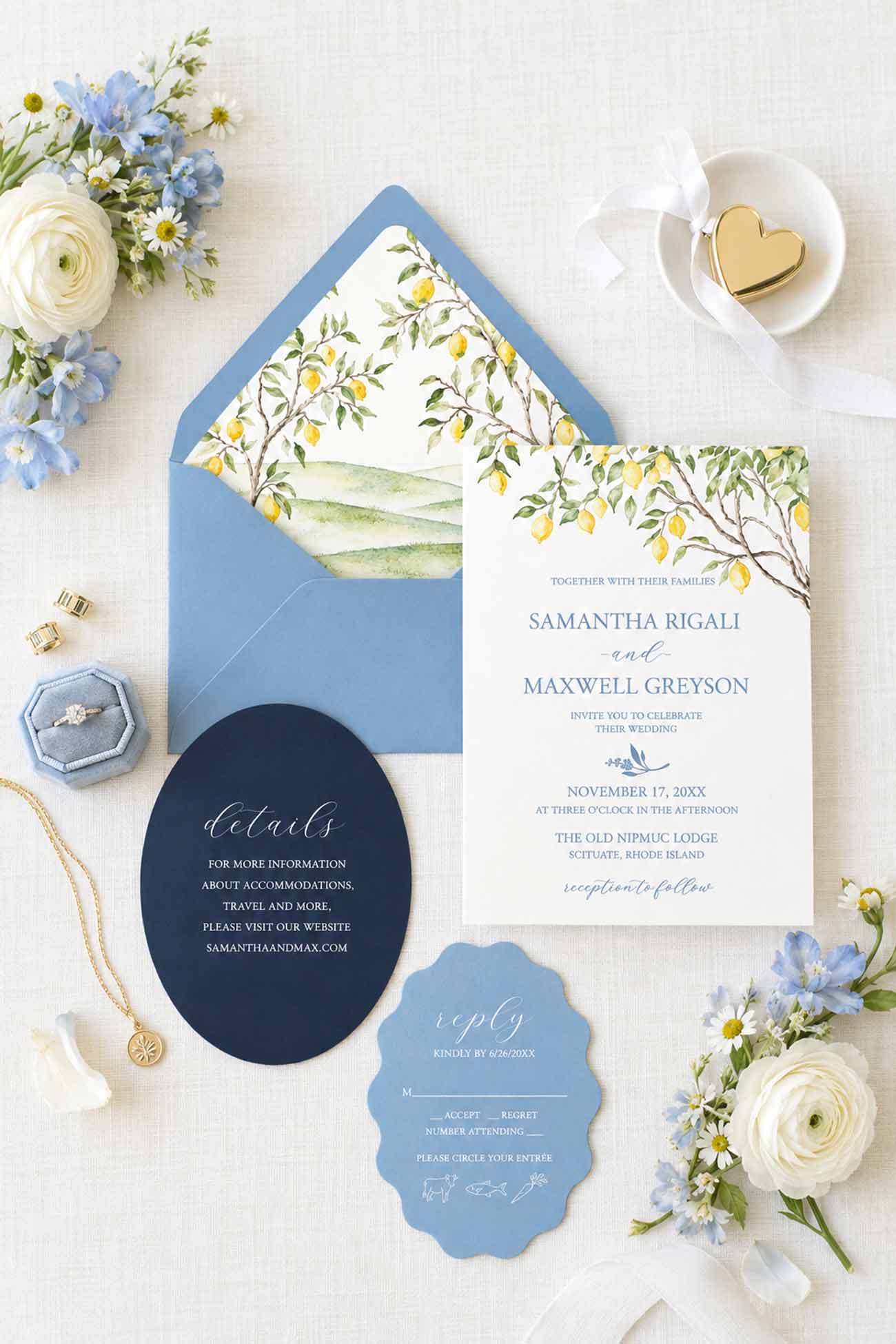 Semi custom wedding invitation suite for an Italy destination wedding, featuring hand-painted lemon tree watercolor artwork and elegant coordinating wedding stationery.