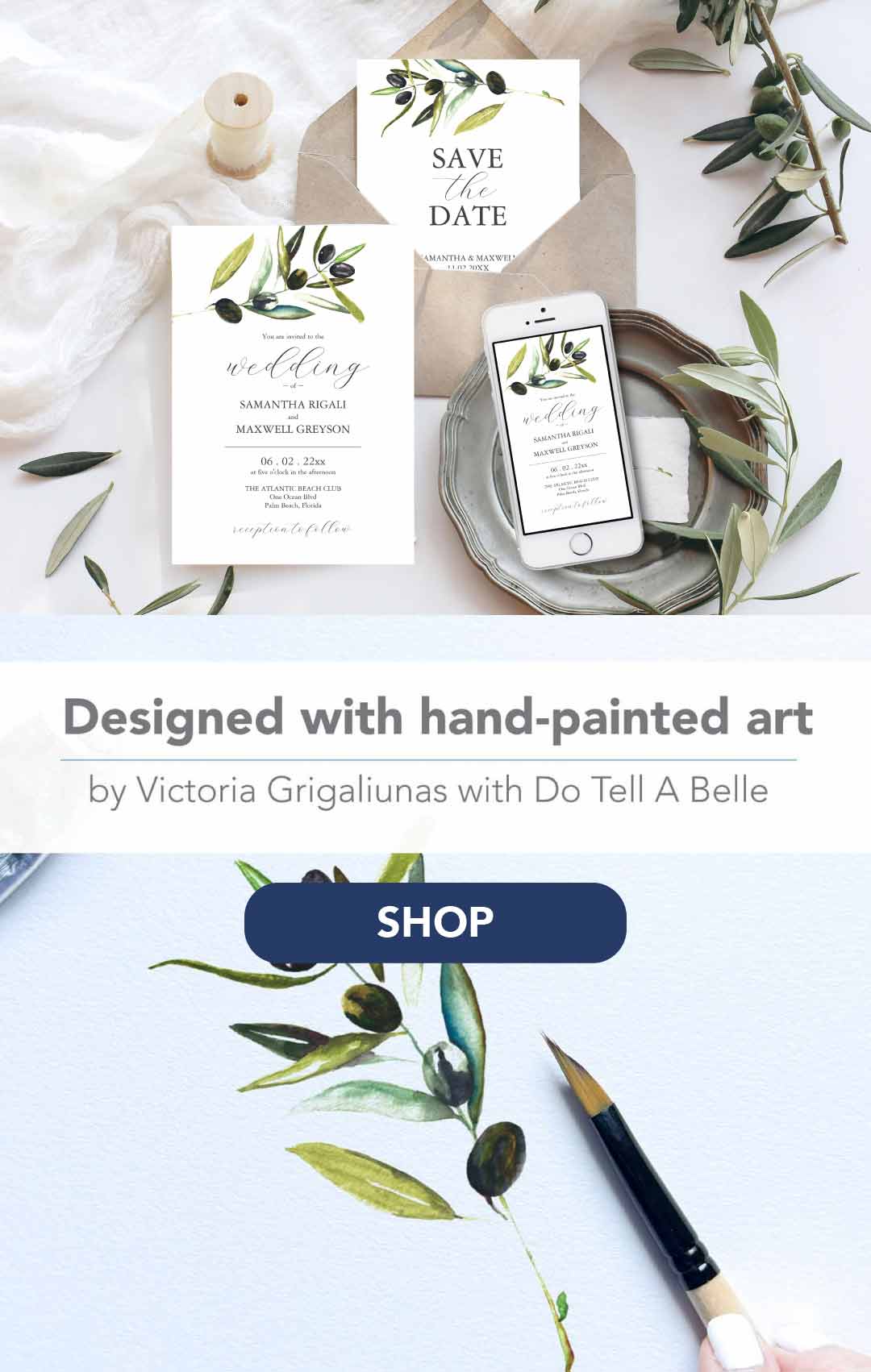 Olive wedding theme featuring an affordable watercolor wedding invitation set with customizable details and RSVP options.