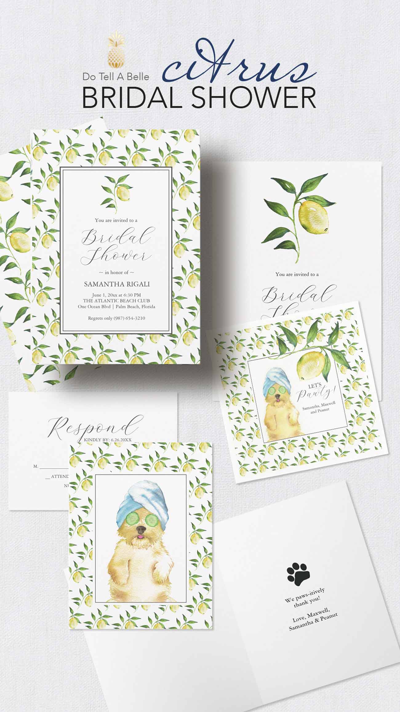 Lemon-themed bridal shower invitation suite featuring hand-painted watercolor lemons, a custom watercolor dog portrait with cucumber spa mask, coordinating RSVP card, and thank-you stationery.