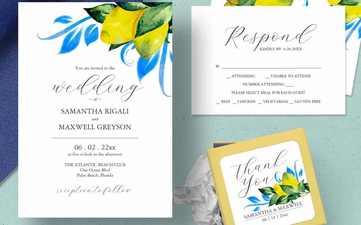 custom wedding invitation templates click to shop watercolor lemon art by Victoria Grigaliunas