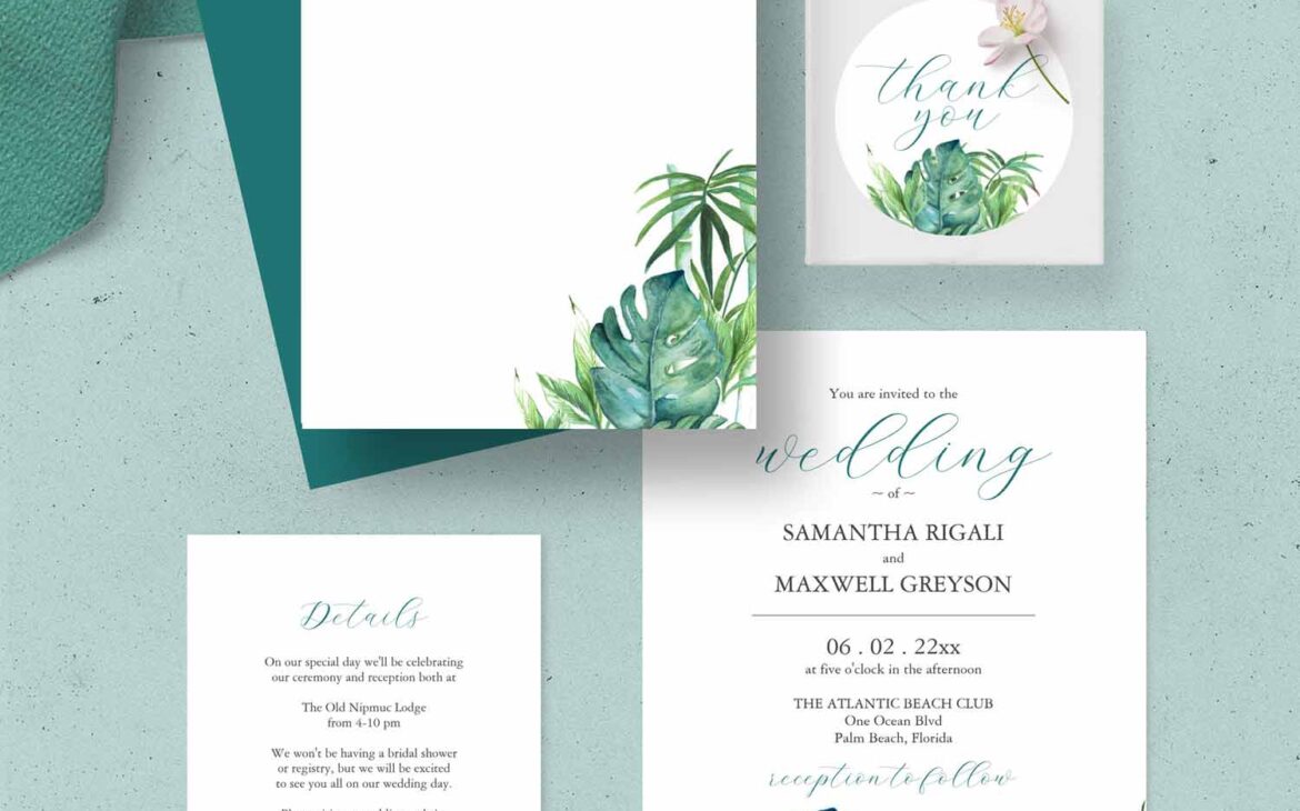 destination wedding invitation ideas for tropical wedding theme features unique watercolor art by Victoria Grigaliunas