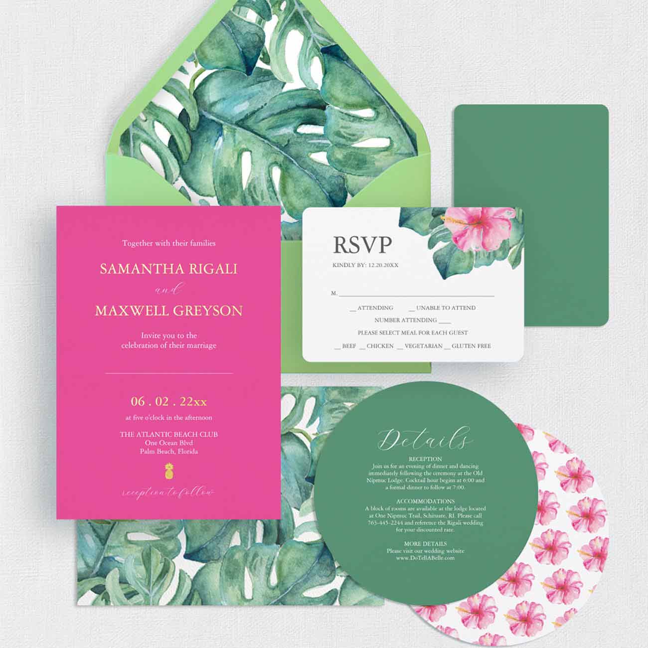 Destination wedding invitations suite by Do Tell A Belle features hand painted and hand drawn floral art in shades of pink with green accents.