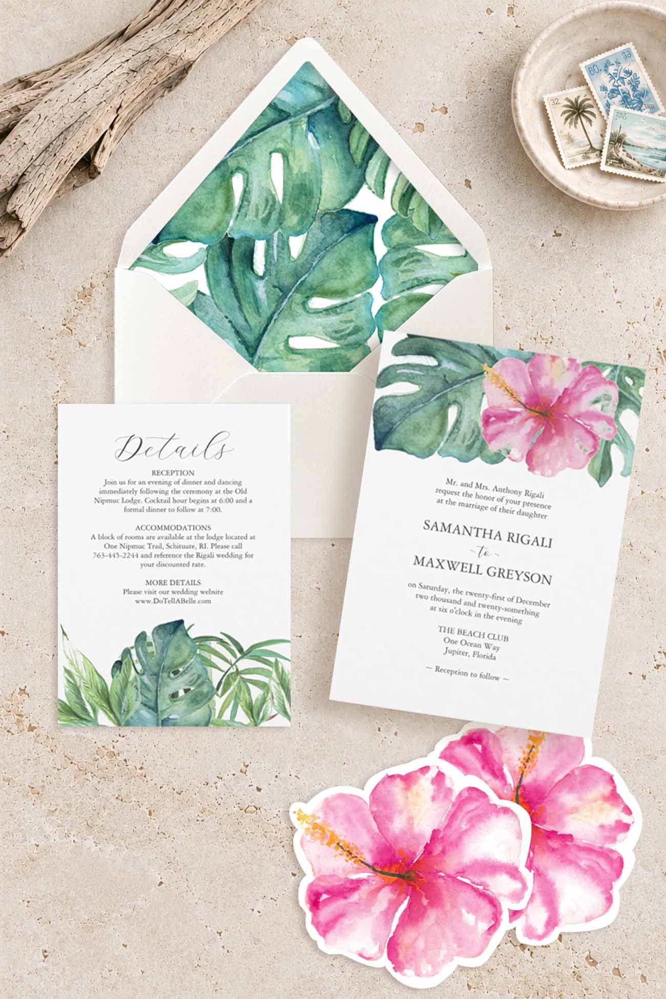 Elegant tropical wedding invitations designed with hand painted watercolor hibiscus flowers in pink with green monstera palm leaves. 