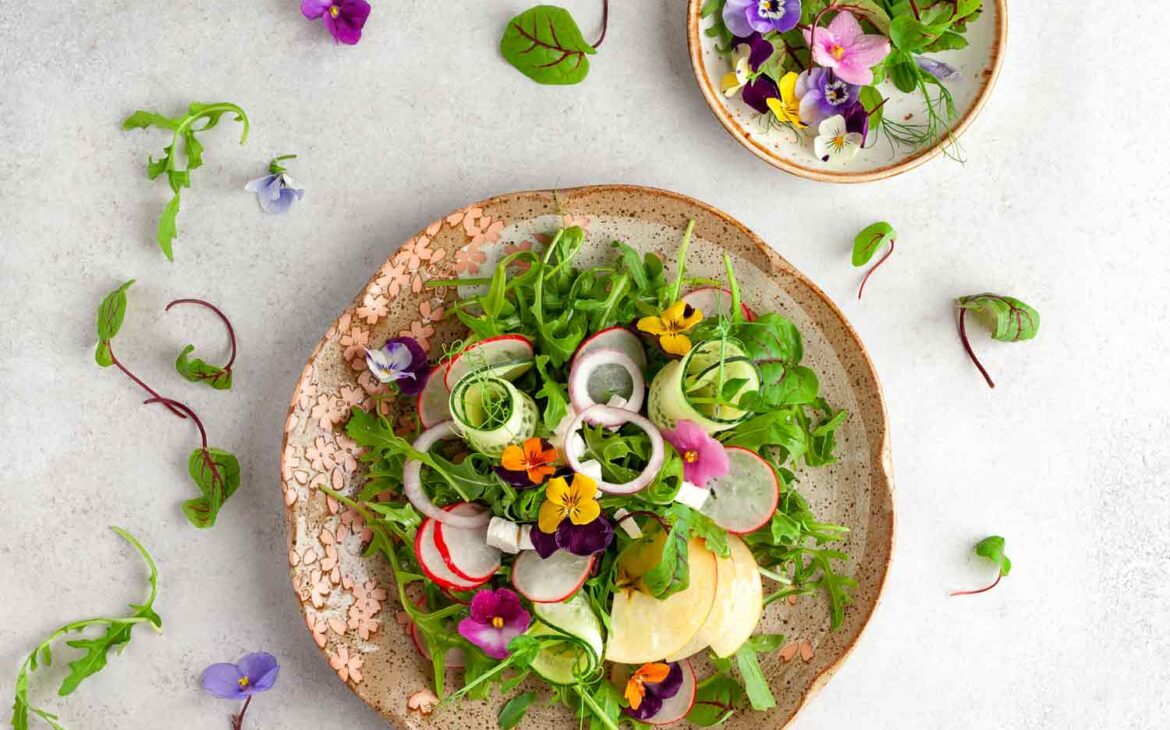 Floral baby shower inspiration features salad with edible flowers
