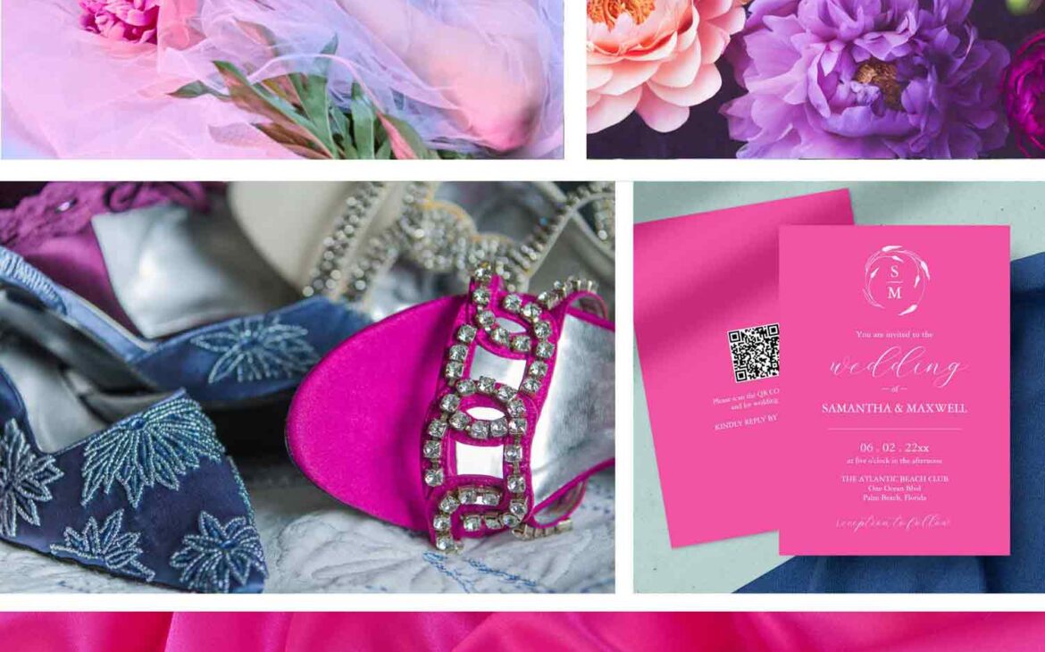 Wedding trends 2024 fuchsia color palette with navy blue