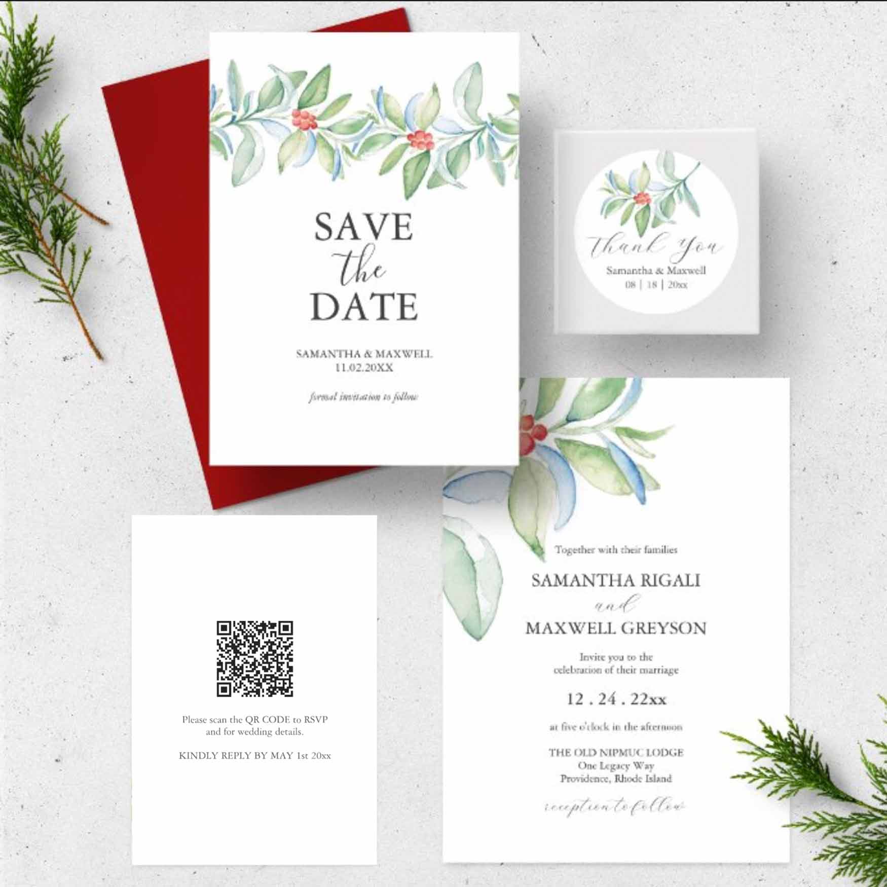 hybrid wedding invitations for a Christmas wedding unique watercolor art by Victoria Grigaliunas