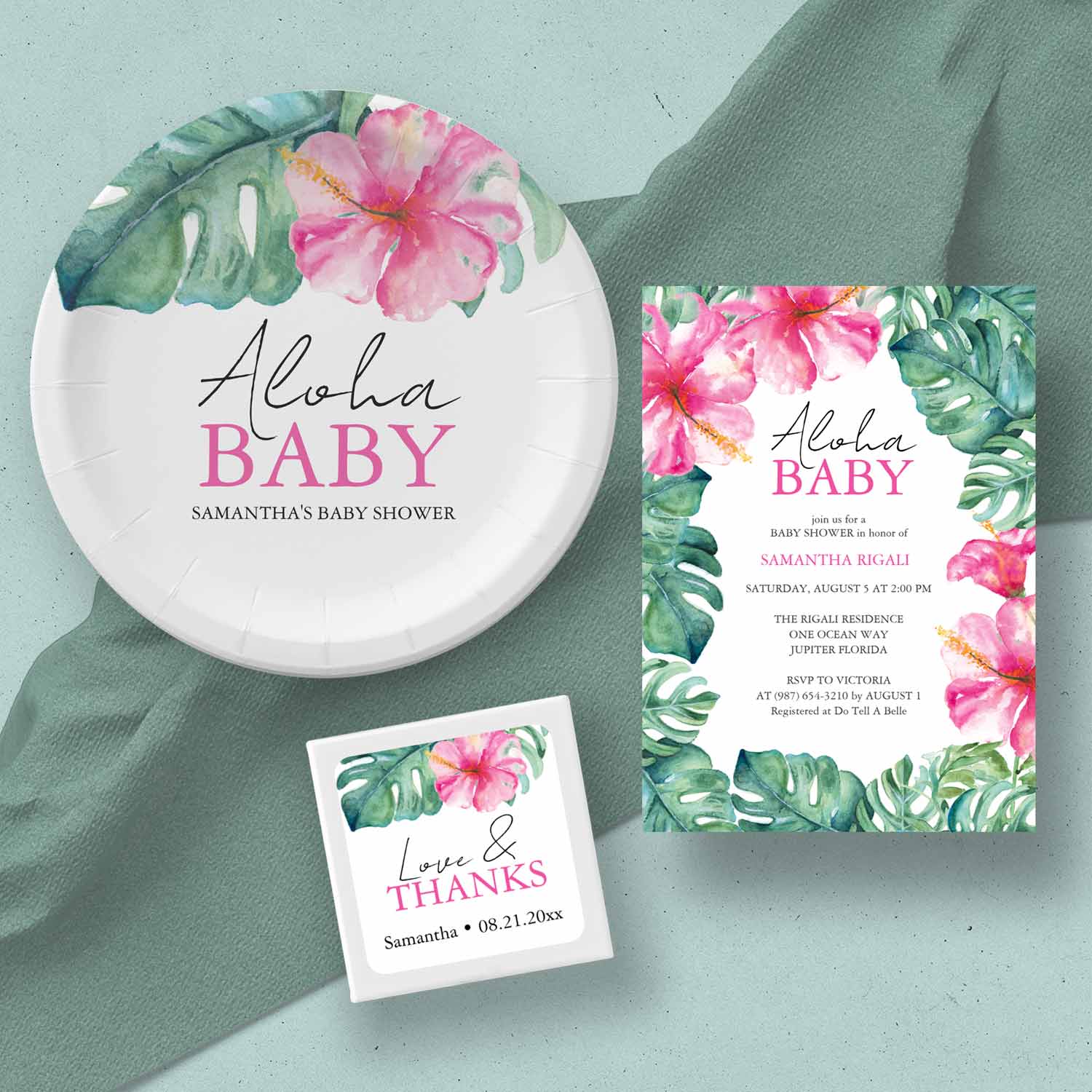 Luau baby shower ideas features unique baby shower invitations, adorable baby shower paper plates and baby shower party supplies featuring unique pink hibiscus flower art by Victoria Grigaliunas of Do Tell A Belle. Click to shop the complete line.