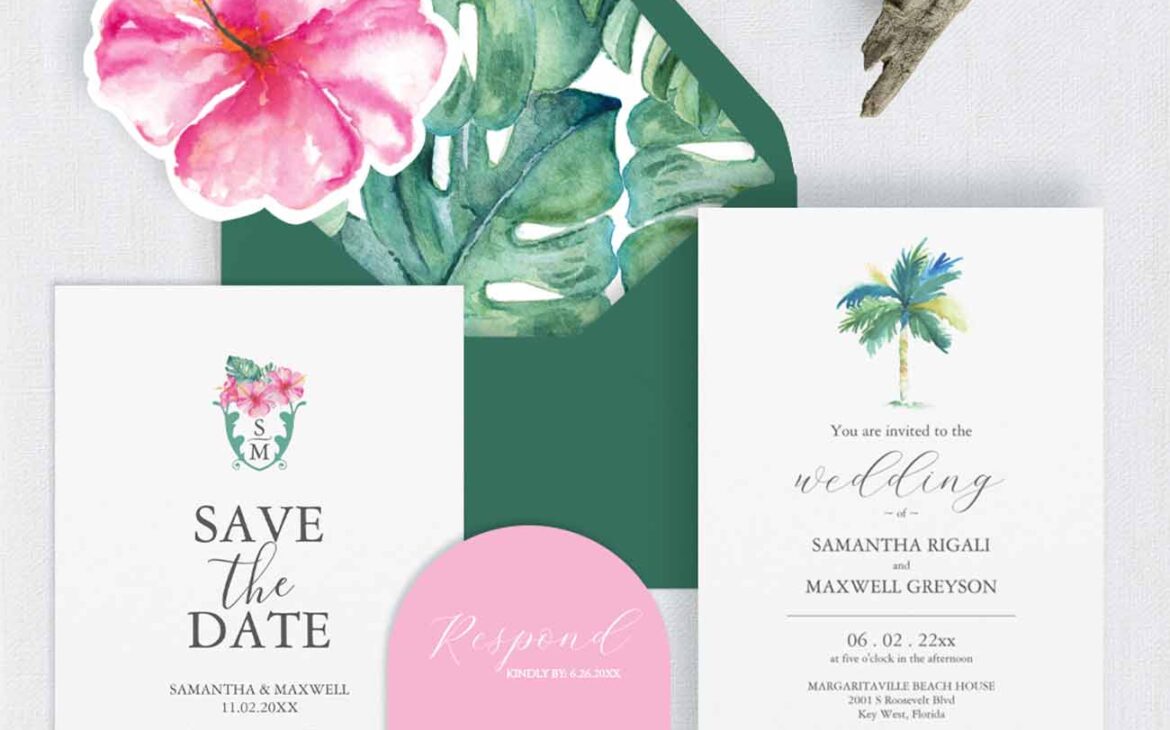 Destination Wedding Invitations: Tropical, Beach & Custom Hand Drawn Designs