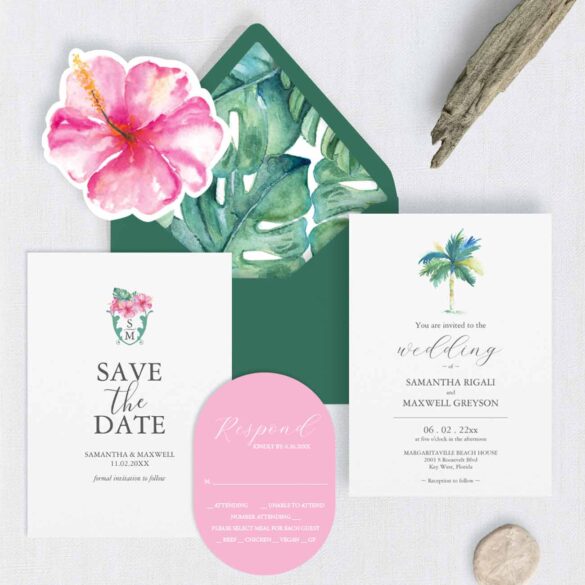 Tropical watercolor wedding invitations for destination weddings featuring a palm tree wedding invitation, monstera leaves envelope liner, pink florals, and a die cut hibiscus insert card in a pink and green wedding color palette.