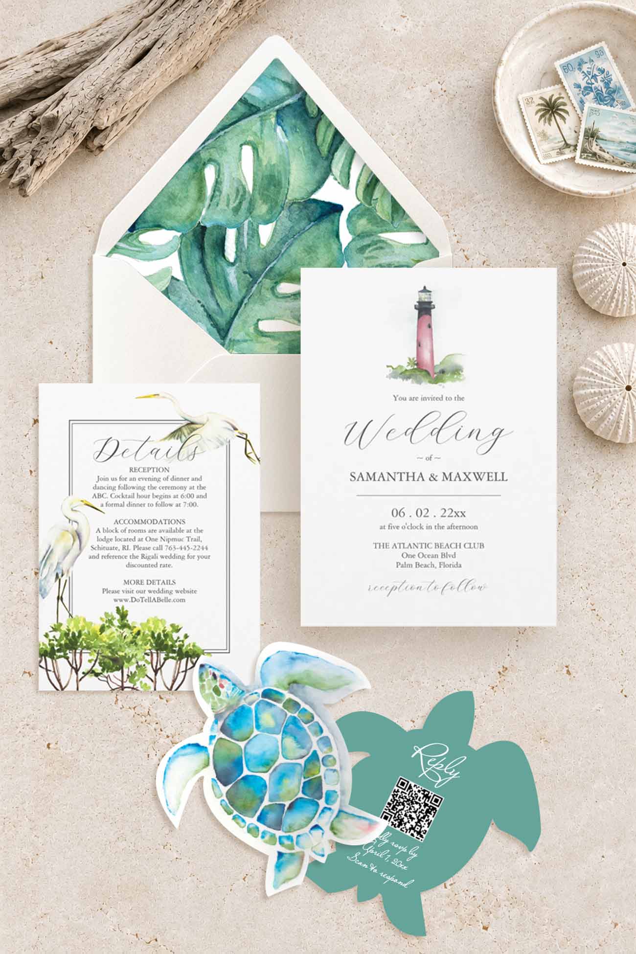 Coastal watercolor wedding invitation suite with Jupiter Lighthouse, white birds, tropical greenery, sea turtle RSVP and monstera envelope liner.
