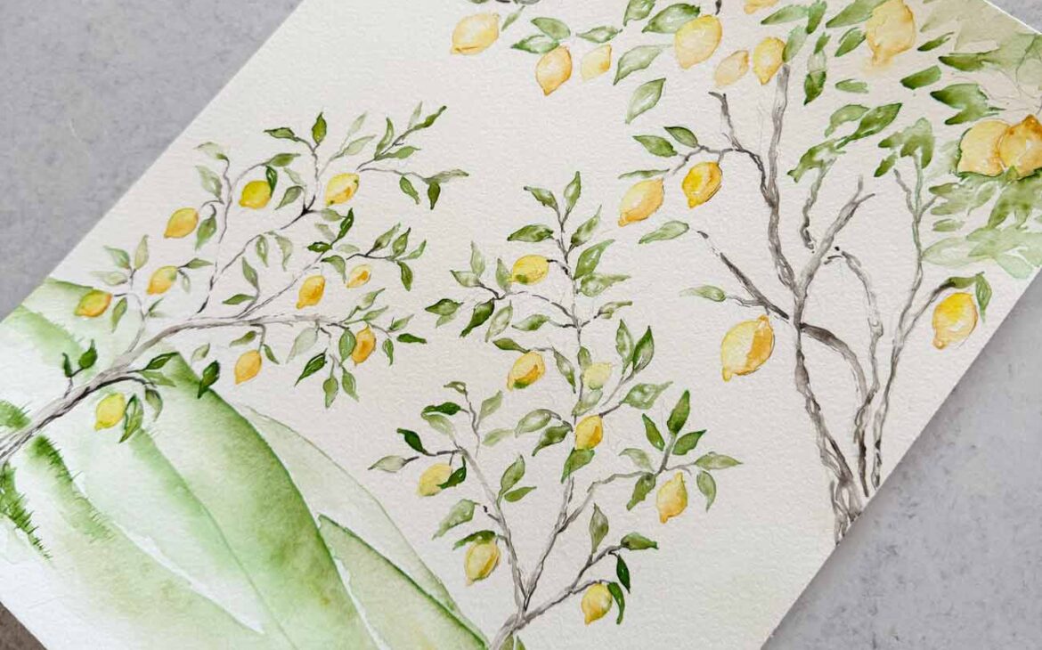 Original hand-painted watercolor lemon trees inspired by the Italian countryside, created for a semi-custom Italy destination wedding invitation suite.