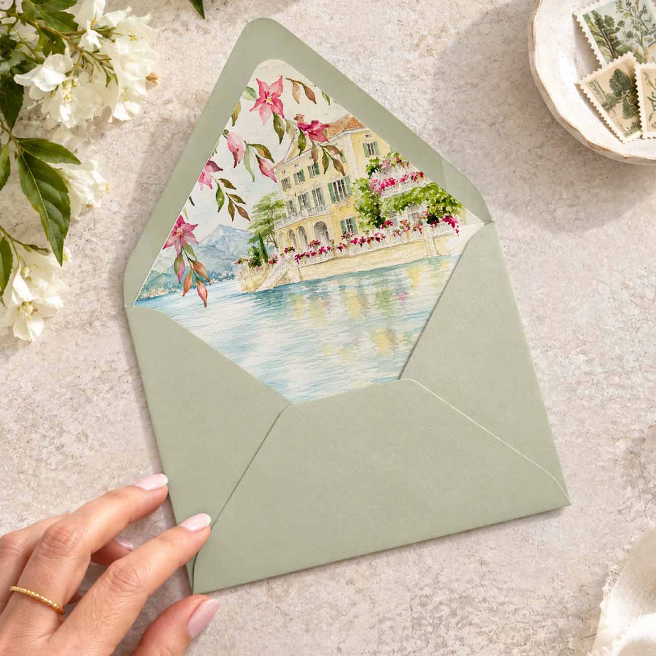 Custom watercolor venue envelope liner featuring a romantic Lake Como villa, blue lake views, and vibrant pink bougainvillea for an elegant Italy destination wedding invitation suite.