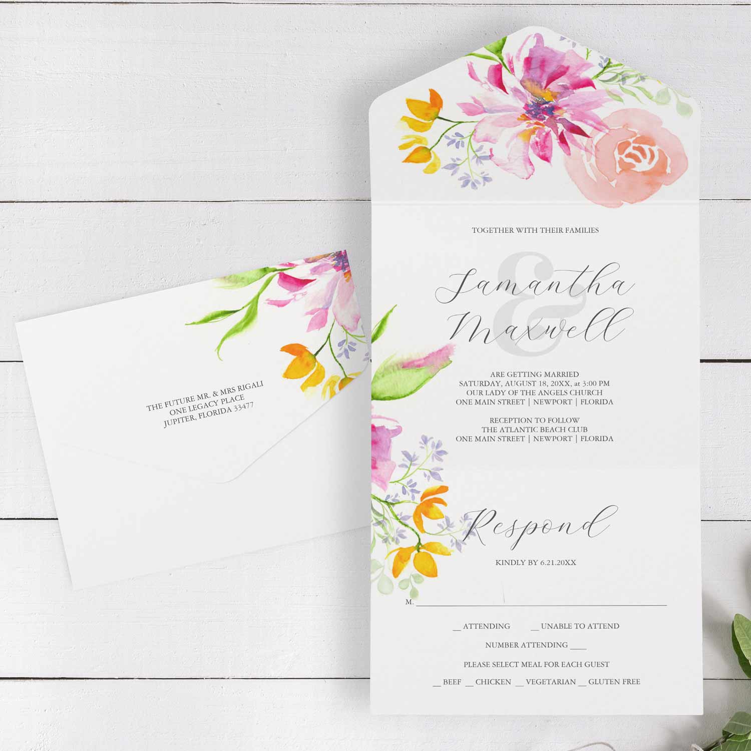Wedding Invitation With RSVP Card features unique watercolor florals in shades of peach, pink and orange. Original watercolor art by Victoria Grigaliunas of Do Tell A Belle