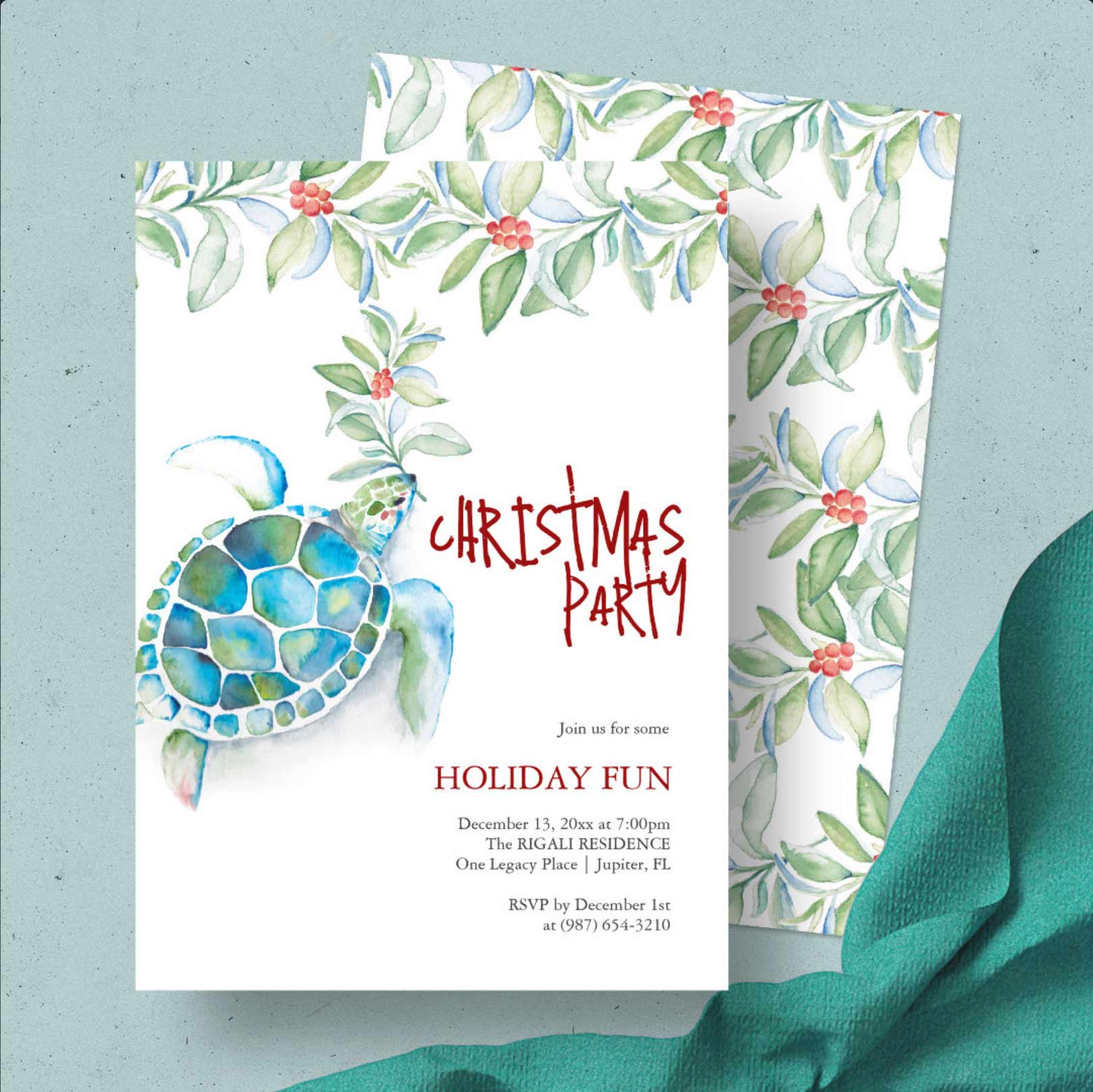 Beach Christmas invitations feature unique watercolor sea turtle art and greenery by Victoria Grigaliunas of Do Tell A Belle. Click to shop more