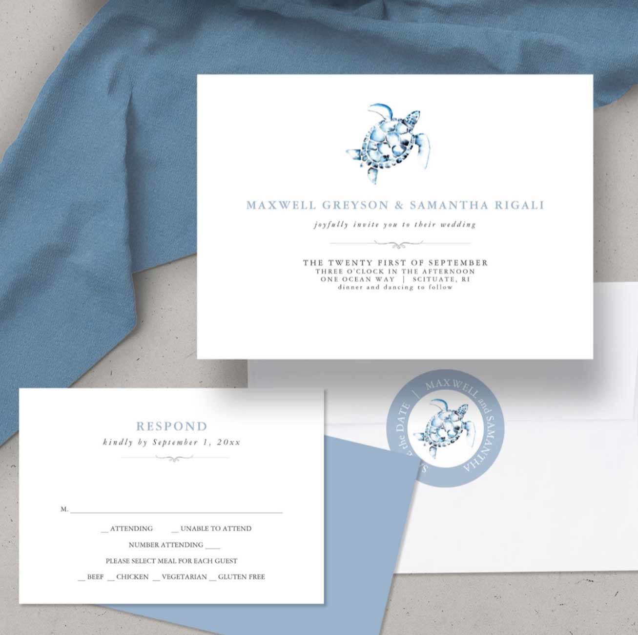 Beach wedding stationery suite features watercolor sea turtle art in shades of dusty blue by Victoria Grigaliunas of Do Tell A Belle. Click to shop this theme.