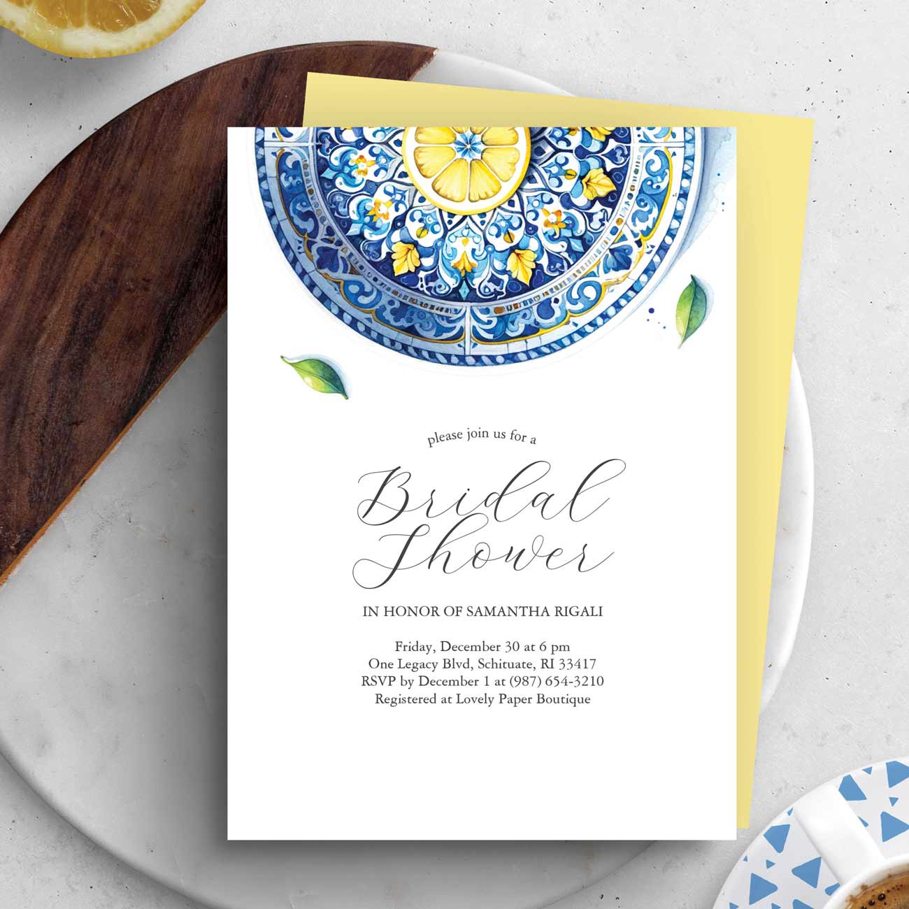 Bridal shower invitations printing features a lemon and blue Alfresco theme. Shop these invites.