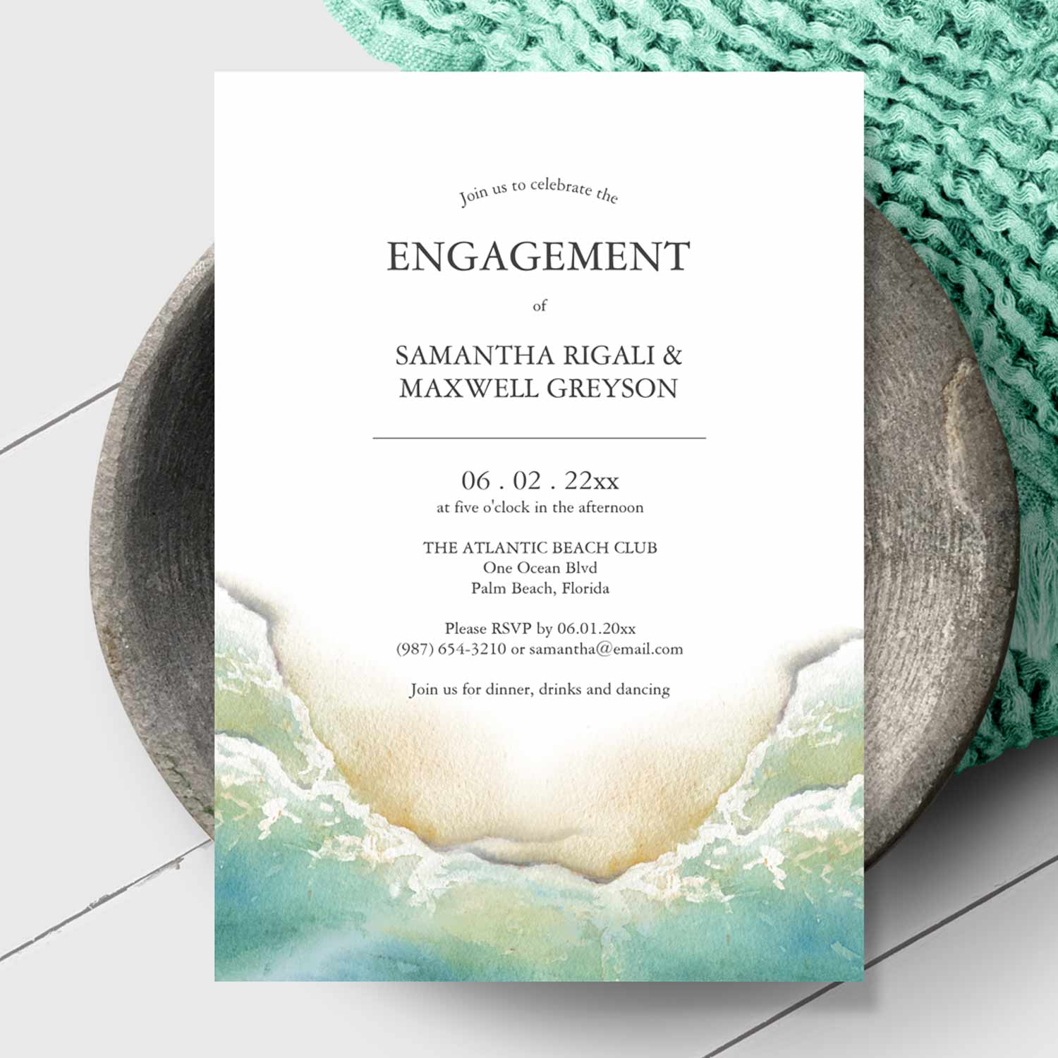 Engagement invitations watercolor beach shoreline art by Victoria Grigaliunas of Do Tell A Belle. Click to shop this invite
