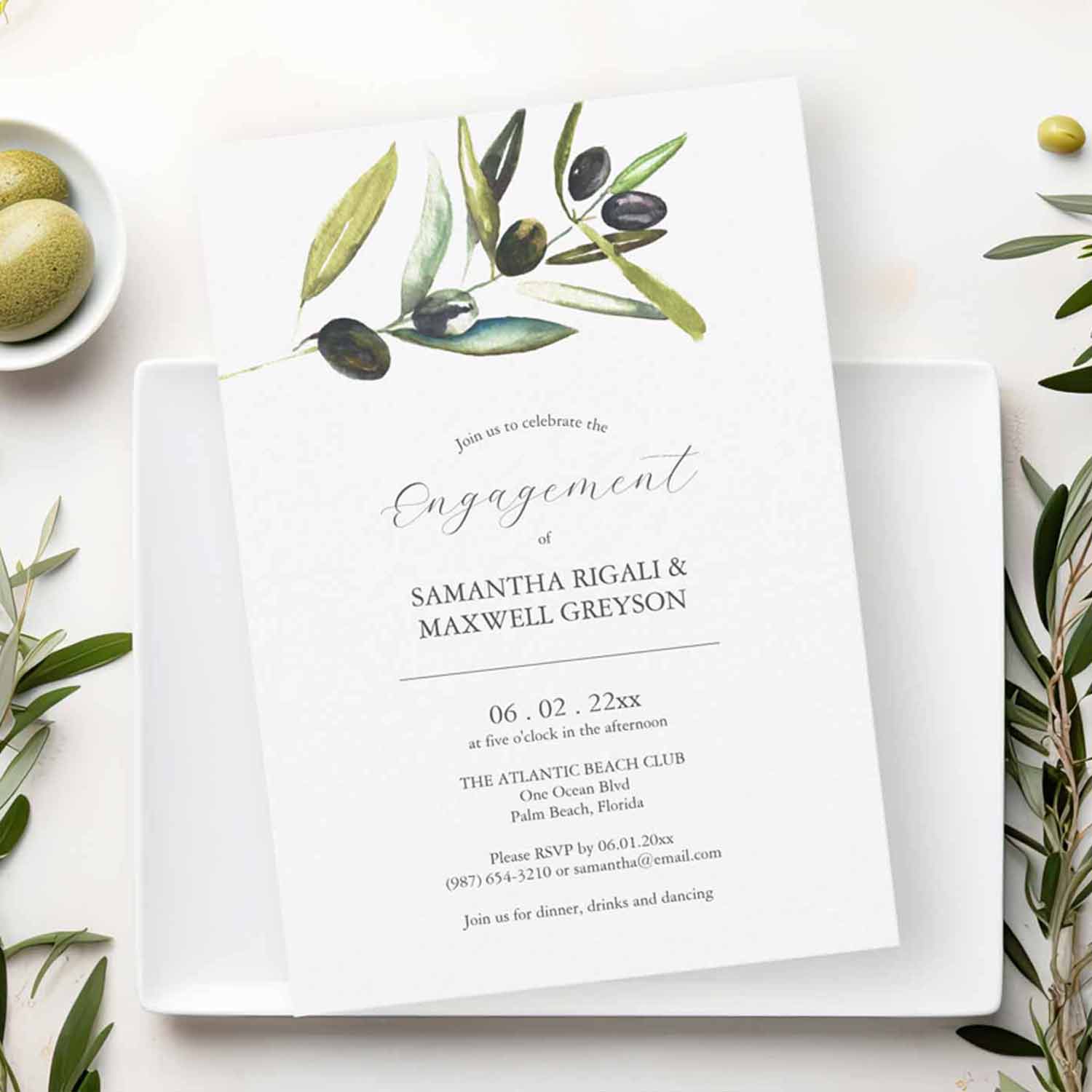 Unique engagement invitations feature watercolor olive branch by Victoria Grigaliunas of Do Tell A Belle. Click to shop