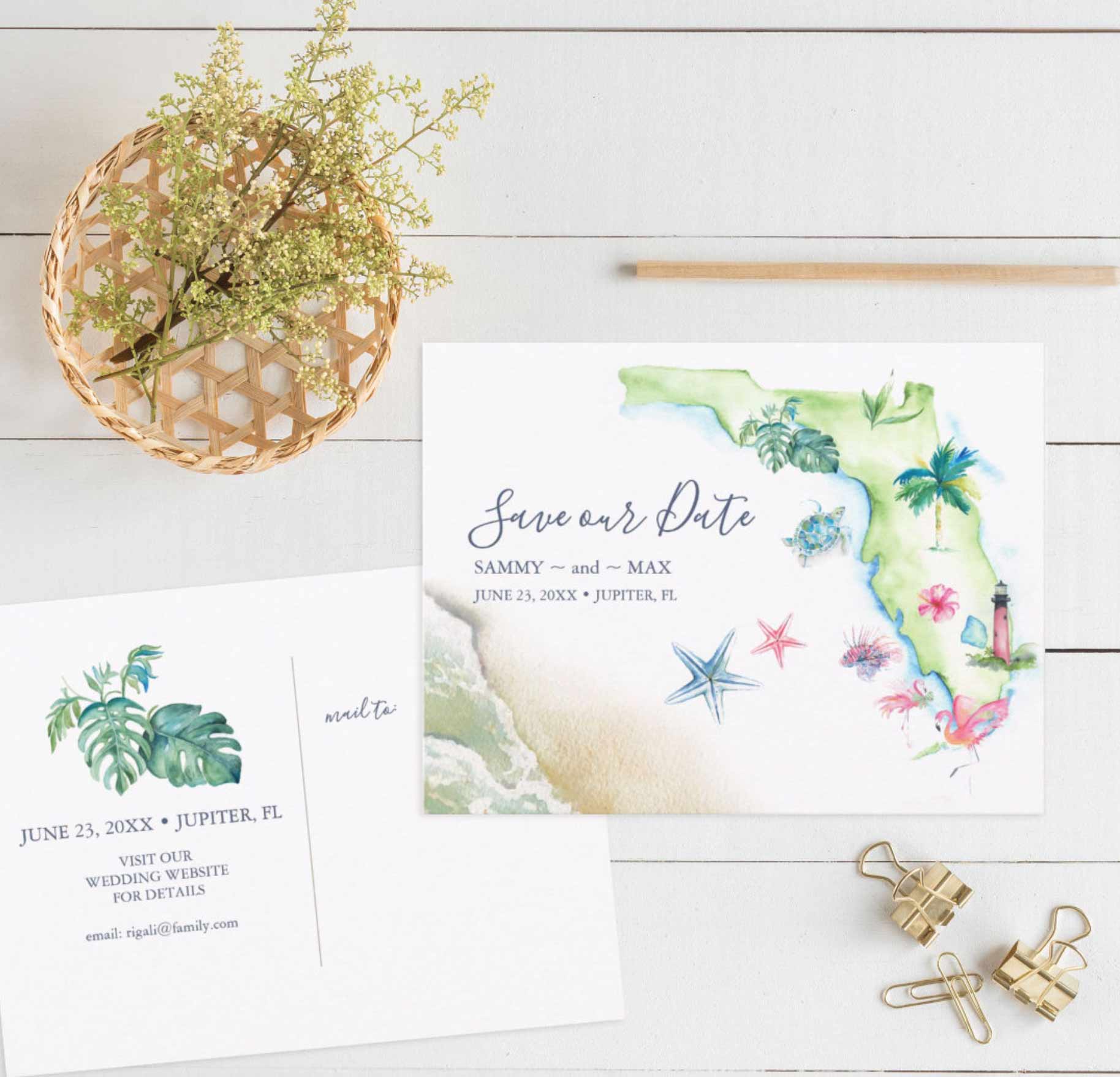 Destination wedding save the date florida map unique watercolor art and design by Victoria Grigaliunas of Do Tell A Belle