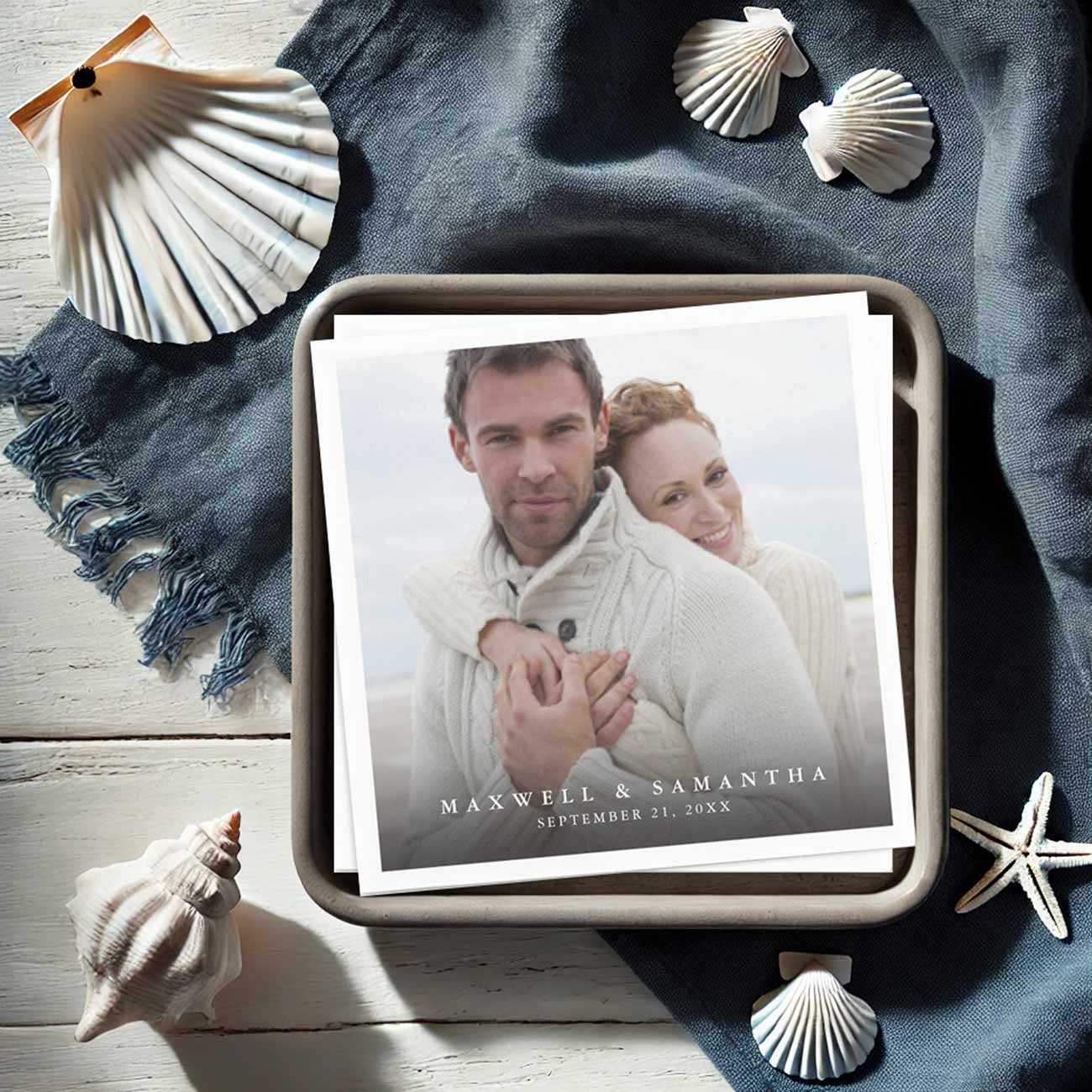 Personalized wedding napkins. Use the template fields to add your custom photo and text. Click to shop.