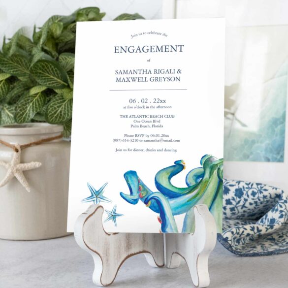 Unique watercolor engagement invitations feature nautical sea creatures in shades of blue. Click to shop this invitation template