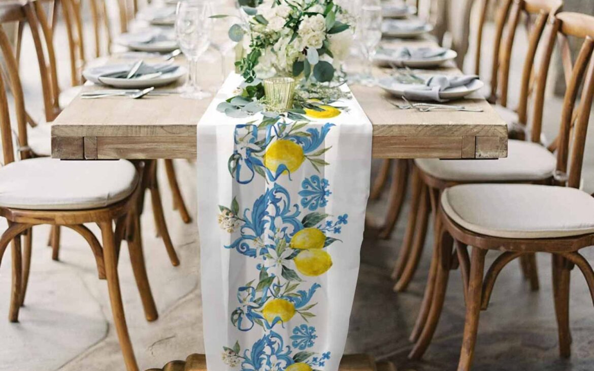 Wedding table settings blue and yellow lemons. Click to read more.