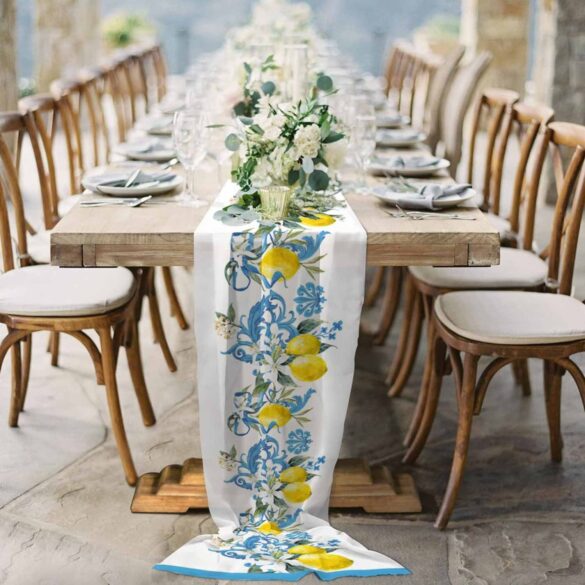 Wedding table settings blue and yellow lemons. Click to read more.