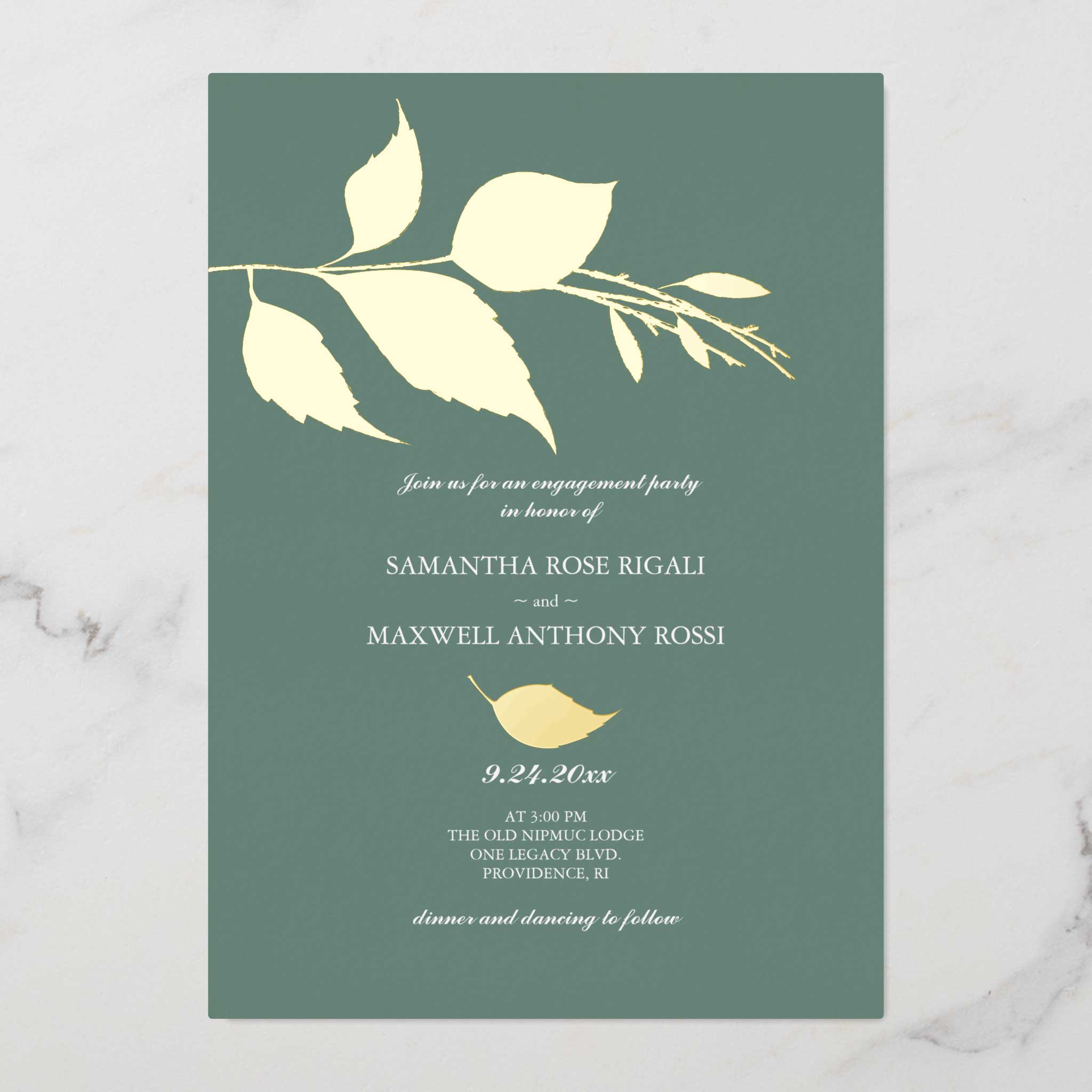 green engagement party invitations gold foil leaves