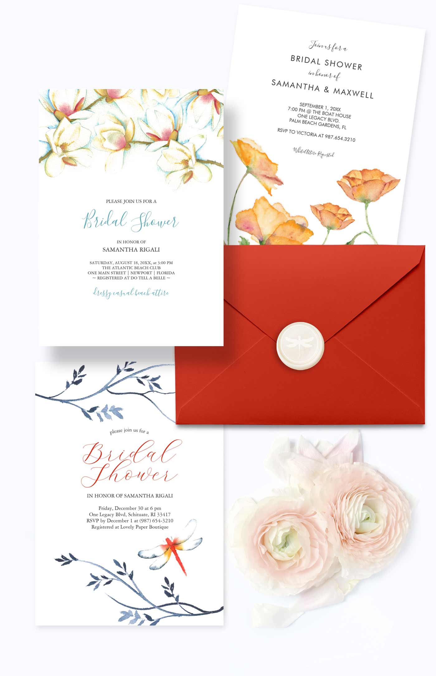 Bridal shower invitations feature unique watercolor art by Victoria Grigaliunas of Do Tell A Belle