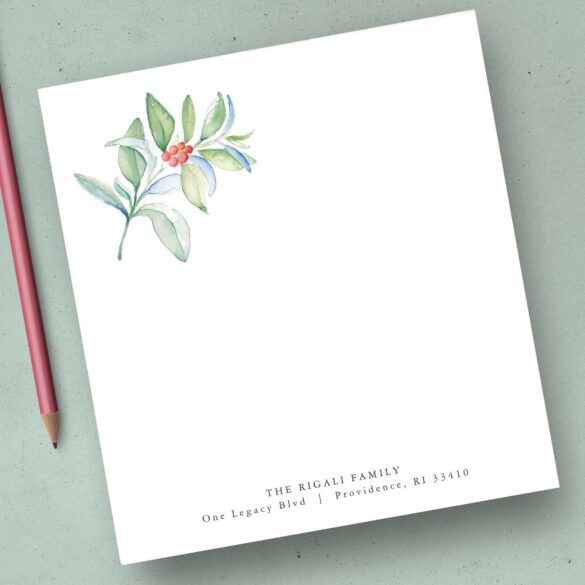Bulk Christmas notepads feature unique watercolor holiday greenery and red berries by Victoria Grigaliunas of Do Tell A Belle