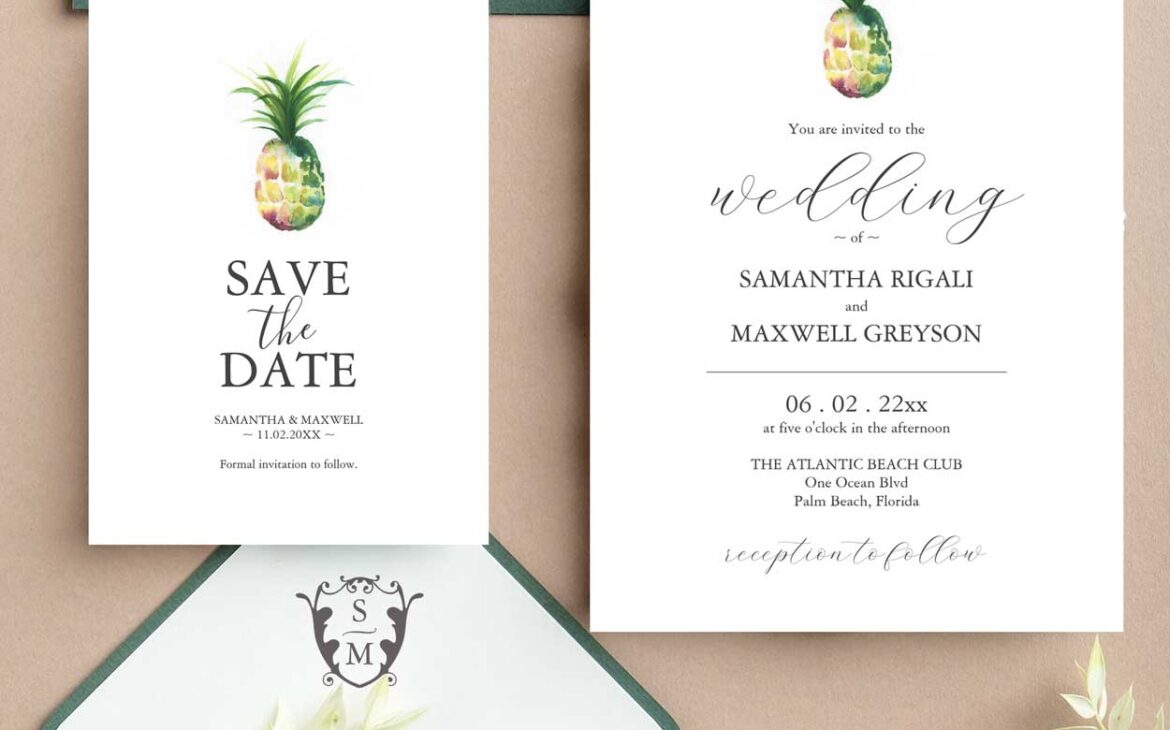 destination wedding invitations feature watercolor pineapple art by Victoria Grigaliunas. Perfect for Florida weddings or any tropical location