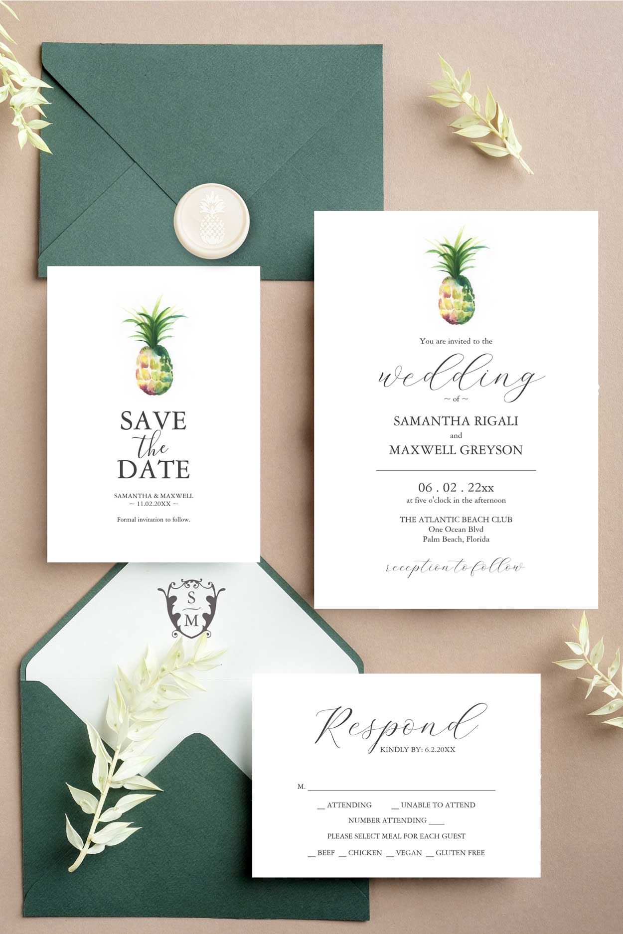 destination wedding invitations feature watercolor pineapple art by Victoria Grigaliunas. Perfect for Florida weddings or any tropical location
